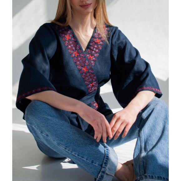 Etno Soul Blue Linen Embroidered Vyshyvanka Wrap Blouse Butterfly Sleeve No Belt - Picture 11 of 12